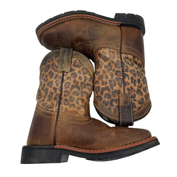 Dan Post Kids Tan/Brown Makucha Leopard Print Square Toe Western Boots Size 12D - Picture 4 of 8